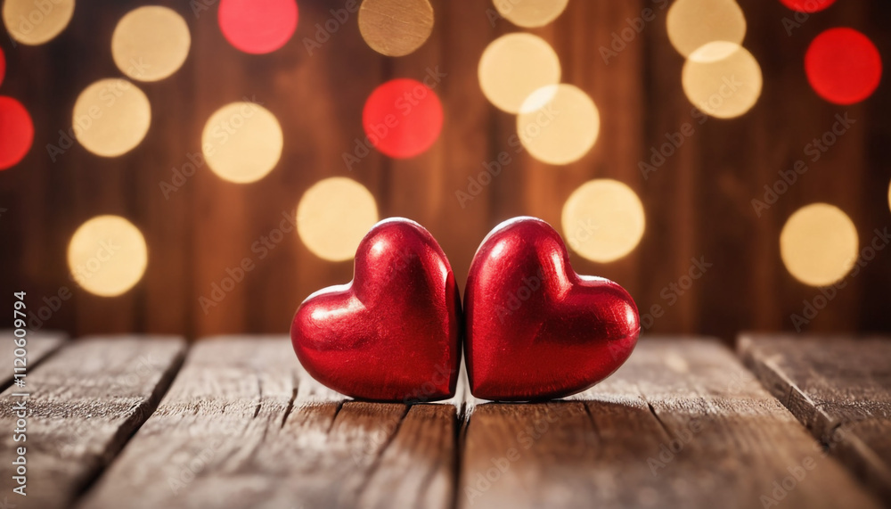 Two red heart-shaped placed on a wet surface, possibly a street or pavement. Happy Valentine's Day Two red heart-shaped placed on a wet surface, possibly a street or pavement. Happy Valentine's Day