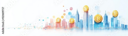 Soft watercolor cityscape featuring skyscrapers shaped like gold coins, with streams of data flowing like rivers around them photo