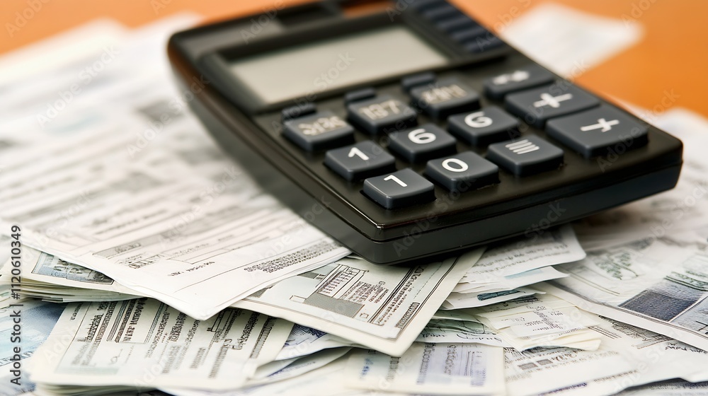 Calculator on Pile of Money Representing Financial Calculations and Budgeting : Generative AI Calculator on Pile of Money Representing Financial Calculations and Budgeting : Generative AI