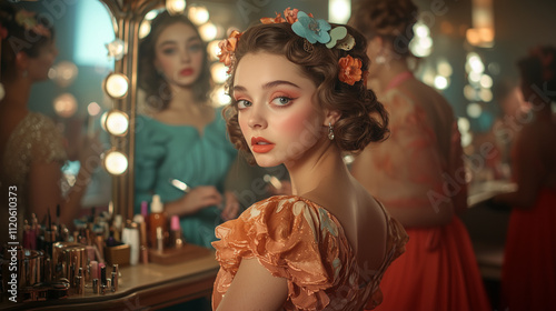 A supermodel wearing 1920s-inspired attire gets styled by makeup artists in a dressing room, preparing for a fashion show