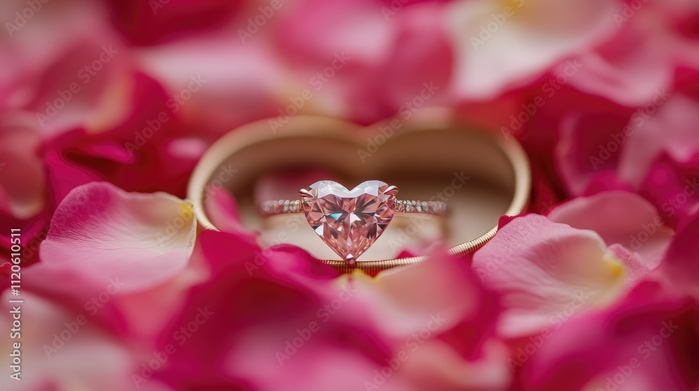Heart-Shaped Pink Diamond Ring Surrounded by Rose Petals Heart-Shaped Pink Diamond Ring Surrounded by Rose Petals