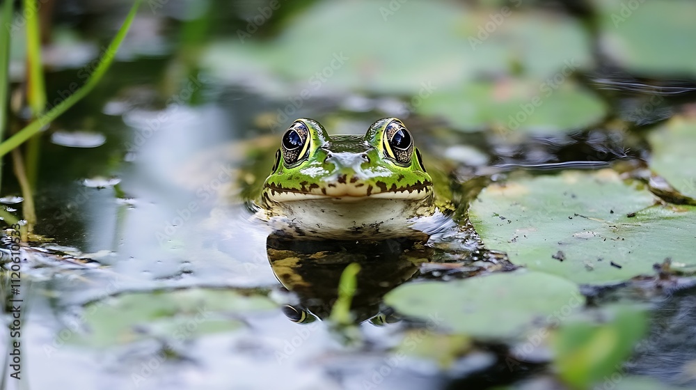 Alert Frog Resting on Floating Lily Pad in Tranquil Pond Environment : Generative AI Alert Frog Resting on Floating Lily Pad in Tranquil Pond Environment : Generative AI