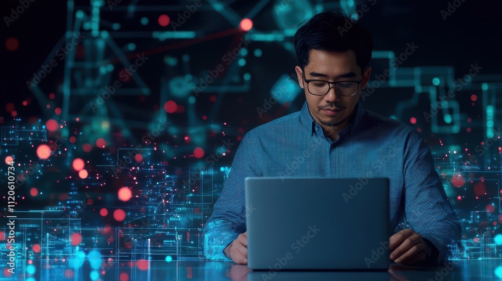 Innovative entrepreneur working on a laptop surrounded by virtual data streams focus on, techdriven leadership, futuristic, composite, digital workspace backdrop Innovative entrepreneur working on a laptop surrounded by virtual data streams focus on, techdriven leadership, futuristic, composite, digital workspace backdrop