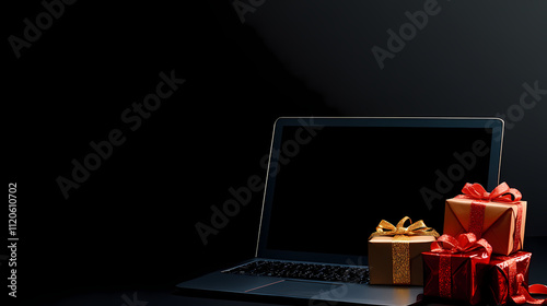 Black Friday and Cyber Monday Online Shopping Extravaganza: Laptop with a Bright Screen Surrounded by Wrapped Gifts and Ribbons, Against a Stylish Black Background with Room for Promotional Text photo