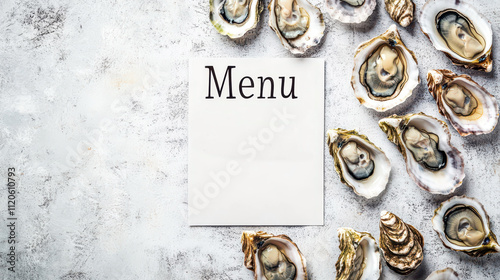 Elegant menu design for oyster and seafood restaurant with fresh shellfish display. Horizontal banner. Copy space. White poster with text 