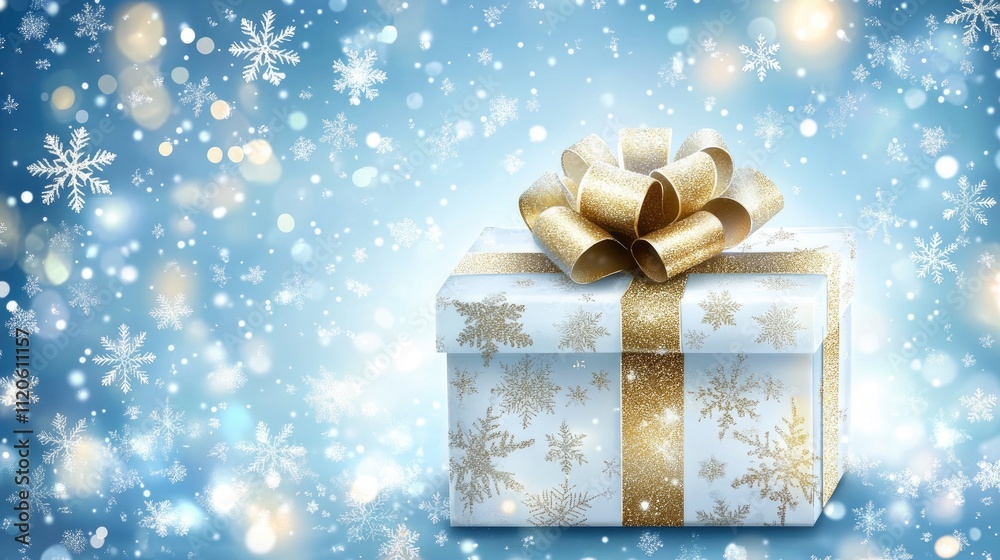 Festive Gift Box with Gold Bow and Snowflakes on Blue Background Festive Gift Box with Gold Bow and Snowflakes on Blue Background