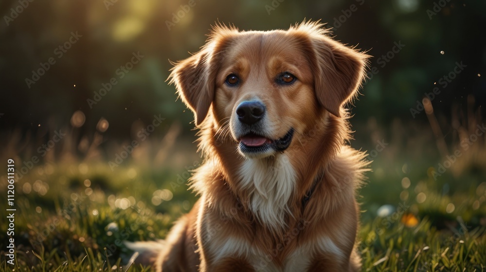 Golden dog sitting in grass at sunset. Golden dog sitting in grass at sunset.