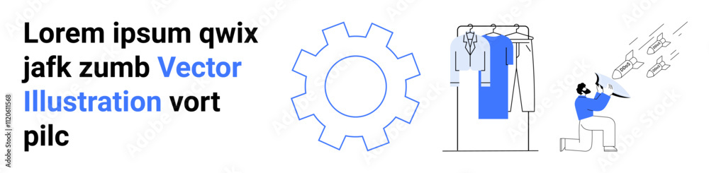 Gear graphic, snippet of text, clothing rack with garment, and person working with tools. Ideal for creativity, design, productivity, work processes innovation efficiency manufacturing. Landing Gear graphic, snippet of text, clothing rack with garment, and person working with tools. Ideal for creativity, design, productivity, work processes innovation efficiency manufacturing. Landing