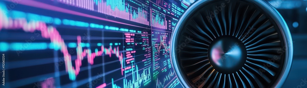 Closeup of an airplane engine with stock market data and financial trends reflected in the metallic surface, futuristic and innovative Closeup of an airplane engine with stock market data and financial trends reflected in the metallic surface, futuristic and innovative