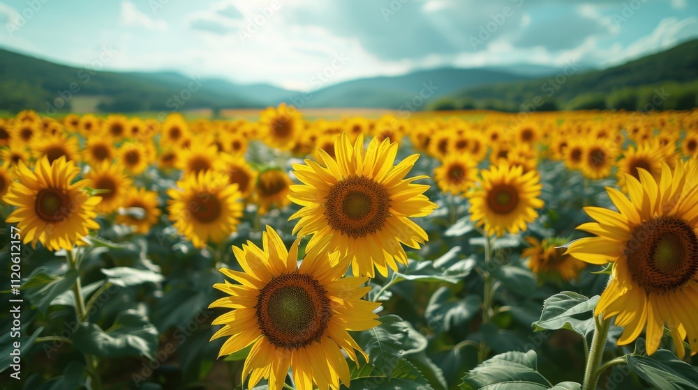 Fototapeta premium Bright Sunflower Field Under Blue Sky at Midday