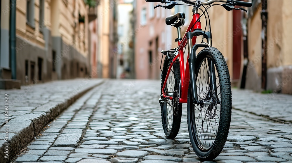 Vibrant red road bike on historic cobblestone street : Generative AI Vibrant red road bike on historic cobblestone street : Generative AI