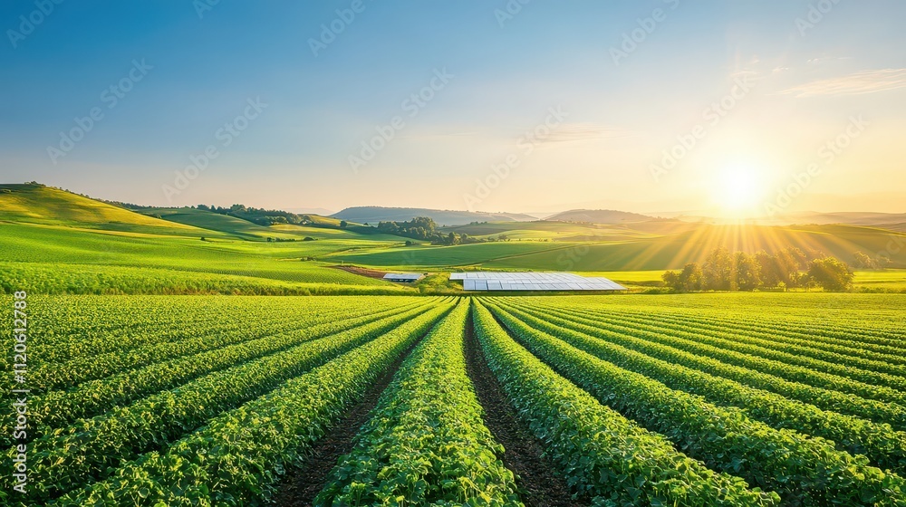 An organic farm with rows of crops, solarpowered irrigation systems, and a backdrop of rolling hills and a rising sun An organic farm with rows of crops, solarpowered irrigation systems, and a backdrop of rolling hills and a rising sun