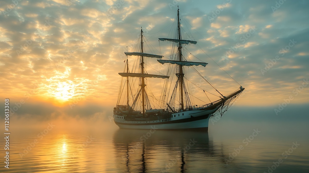 Historic Sailing Ship at Sunrise Amidst Fog Casting a Magical Glow on Water : Generative AI Historic Sailing Ship at Sunrise Amidst Fog Casting a Magical Glow on Water : Generative AI