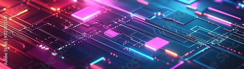 Abstract geometric patterns in a vibrant neon palette, overlayed with futuristic holographic textures, 3D render, glowing accents, minimalist design