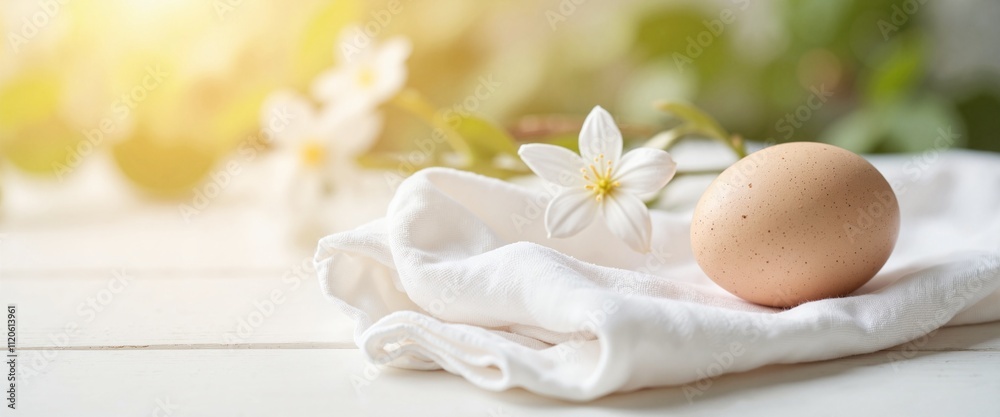 Serene Easter still life with egg and spring flower on white cloth with copy space Serene Easter still life with egg and spring flower on white cloth with copy space