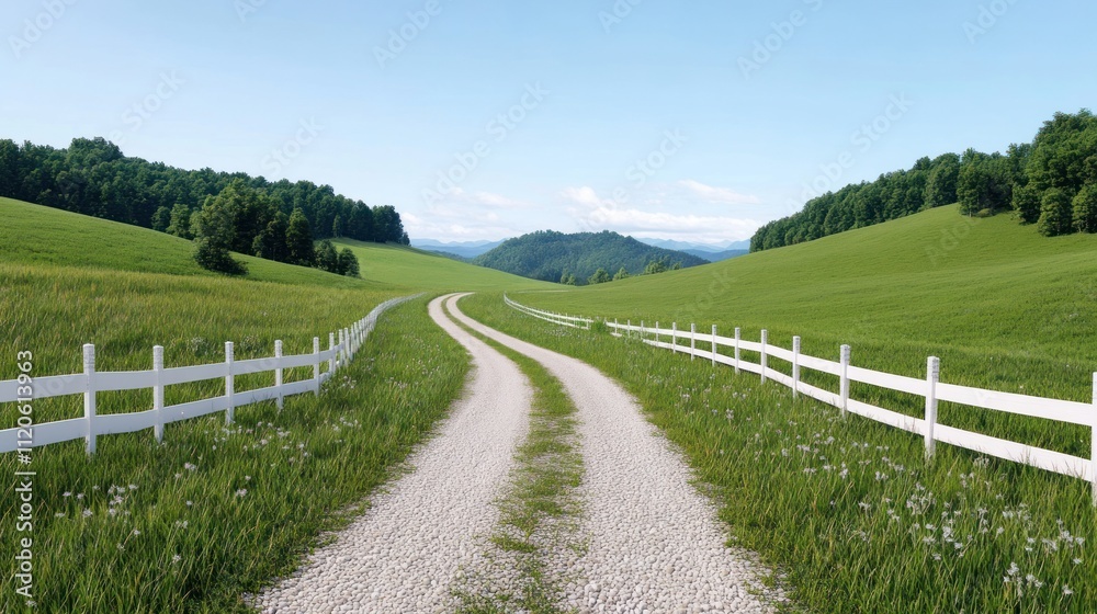 A serene gravel path winding through lush green fields. A serene gravel path winding through lush green fields.