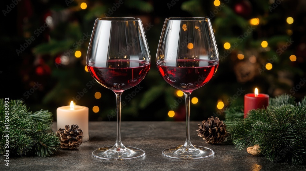 Elegant Wine Glasses with Red Wine Against Holiday Background Elegant Wine Glasses with Red Wine Against Holiday Background