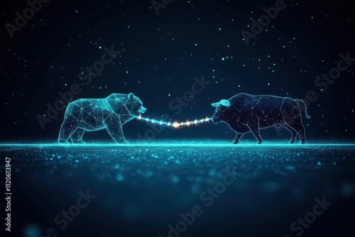 A tugofwar between a celestial bear and bull with a glowing starry rope floating in space, front view, symbolizing cosmic balance, futuristic tone, analogous color scheme photo