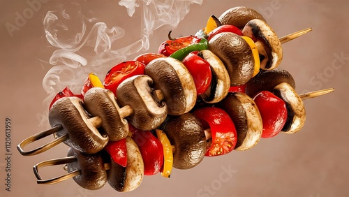 Barbecue skewers meat kebabs with vegetables on flaming grill photo