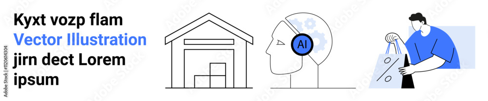 Warehouse icon, AI head profile with circuits, person analyzing graphs and data. Ideal for logistics, automation, AI integration, data analysis, technology, business strategy digital transformation