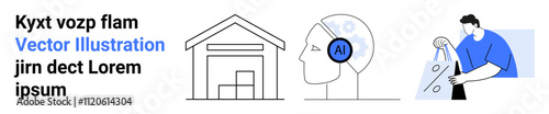 Warehouse icon, AI head profile with circuits, person analyzing graphs and data. Ideal for logistics, automation, AI integration, data analysis, technology, business strategy digital transformation