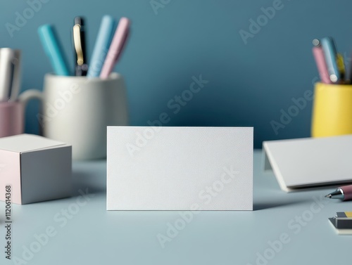 A sleek, modern business card design displayed on a desk alongside branded merchandise, such as pens, mugs, and notebooks