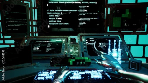 multiple cyberpunk futuristic computer animation with first person look from robot. robotics hands typping on virtual keyboard with many monitors