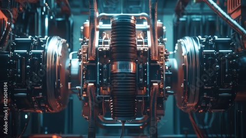 A close-up of a complex mechanical engine with intricate components and glowing lights.