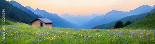 A serene mountain valley filled with wildflowers and a wooden ecocabin, wide shot, golden morning light, peaceful ambiance photo