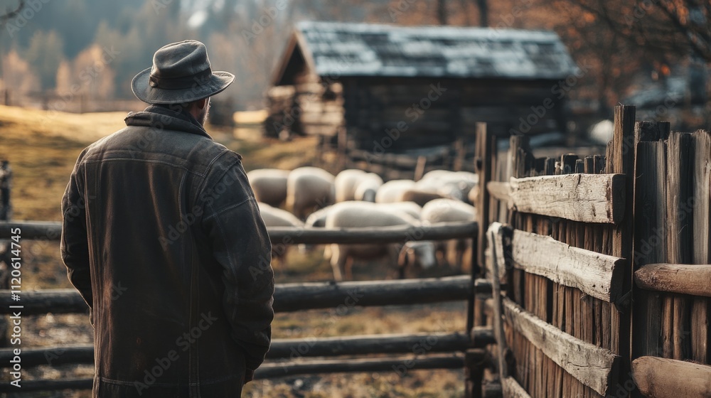 Shepherd standing near a wooden fence, sheep in the pen generative ai Shepherd standing near a wooden fence, sheep in the pen generative ai