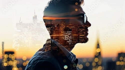 Urban Dreamscape: A Man's Silhouette Merged with a Vibrant City Nightscape