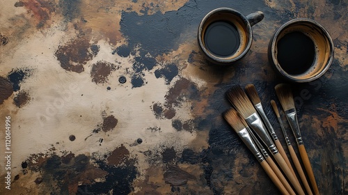 An artistic arrangement featuring two coffee mugs and paintbrushes on a textured, dark surface, suggesting creativity and artistic expression.