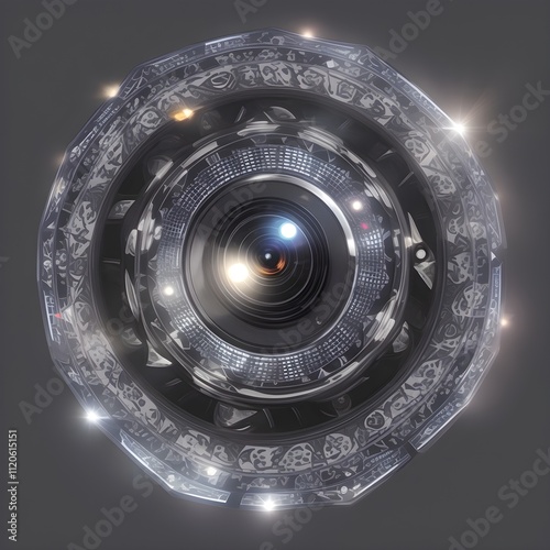 Solar camera lens flare light create hexagon of objective iris shapes of different colors depending on used antireflection coating of each lens surface on dark black background Generative AI  photo