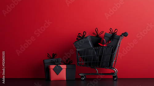 Black Friday Shopping Extravaganza: Tiny Cart Brimming with Gift Boxes, Black Paper Bags, and Price Tags on a Sleek Black Table, Perfect for Custom Text or Advertisements photo