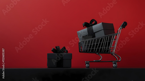 Black Friday Shopping Extravaganza: Tiny Cart Brimming with Gift Boxes, Black Paper Bags, and Price Tags on a Sleek Black Table, Perfect for Custom Text or Advertisements photo