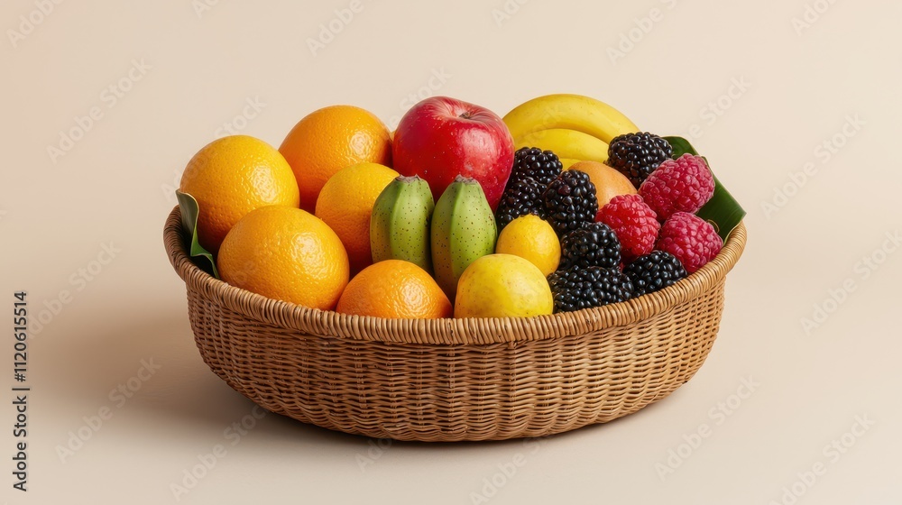 Fresh Assorted Fruits in a Woven Basket on Neutral Background Fresh Assorted Fruits in a Woven Basket on Neutral Background