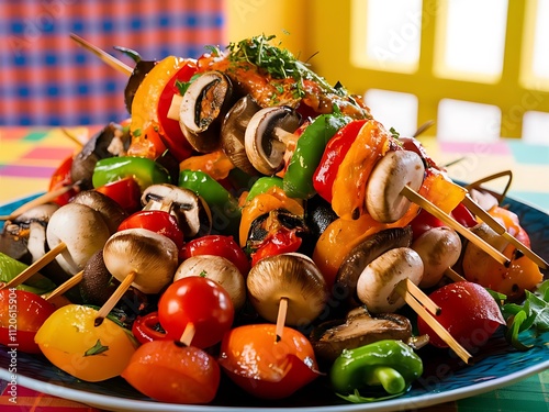 Barbecue skewers meat kebabs with vegetables on flaming grill photo