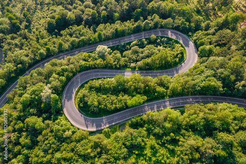 Fototapeta Naklejka Na Ścianę i Meble -  Aerial summer view of a winding mountain road forming an S-shape