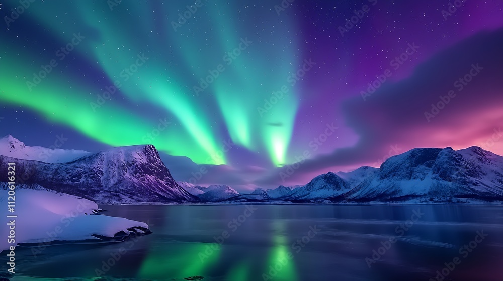 Fototapeta premium Breathtaking aurora borealis over snowy mountains reflecting in tranquil arctic waters : Generative AI