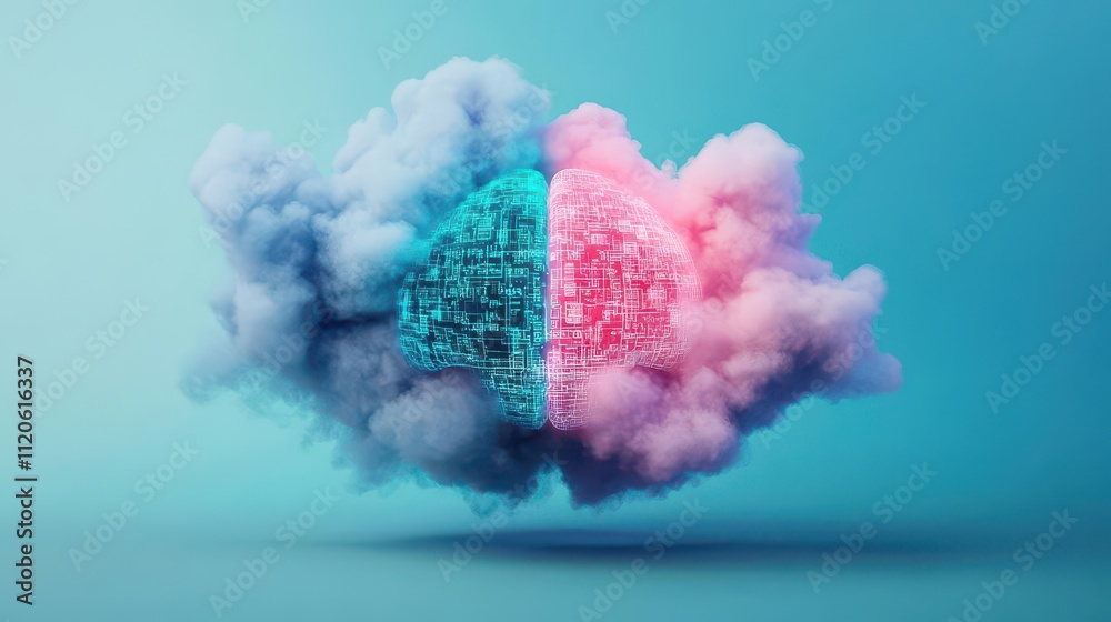 A human brain encased in soft watercolor clouds, one side dissolving into holographic digital codes, symbolizing transformation A human brain encased in soft watercolor clouds, one side dissolving into holographic digital codes, symbolizing transformation