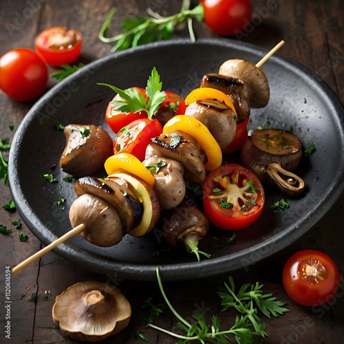 Barbecue skewers meat kebabs with vegetables on flaming grill photo