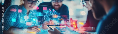 A creative branding team collaborating on a digital tablet, with logos, colors, and mockup designs projected holographically around them