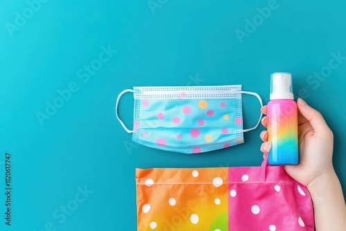 A cheerful face mask and sanitizer bottle as reminders of safety postquarantine copy space, precaution theme, dynamic, Composite, colorful bag backdrop photo