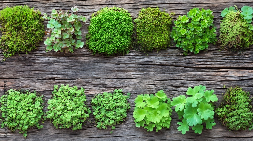 Top View of Various Moss Patches Arranged on Aged Wooden Surface : Generative AI Top View of Various Moss Patches Arranged on Aged Wooden Surface : Generative AI
