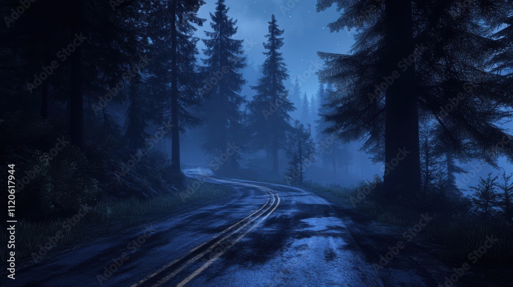 Obraz premium Misty forest road at night with fog