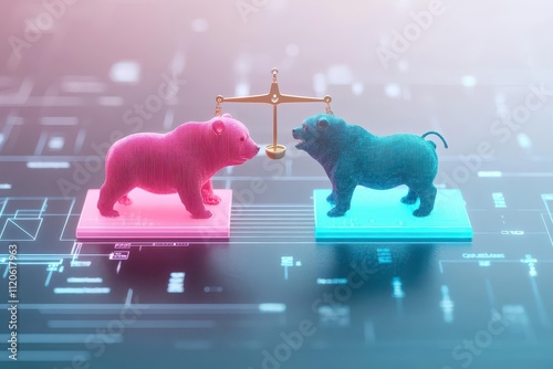 A bear and bull as yin and yang figures engaged in a tugofwar on a glowing balance scale, top view, symbolizing harmony in conflict, digital tone, splitcomplementary color scheme photo