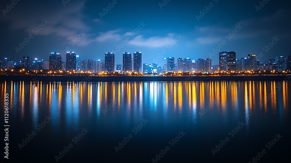 Fototapeta premium Illuminated Nighttime City Skyline with Glowing Skyscraper Reflections : Generative AI