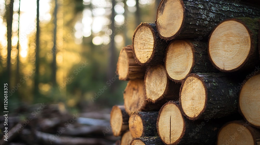 Stacked Logs in a Serene Sunlit Forest Scene for Rustic Nature Background : Generative AI Stacked Logs in a Serene Sunlit Forest Scene for Rustic Nature Background : Generative AI