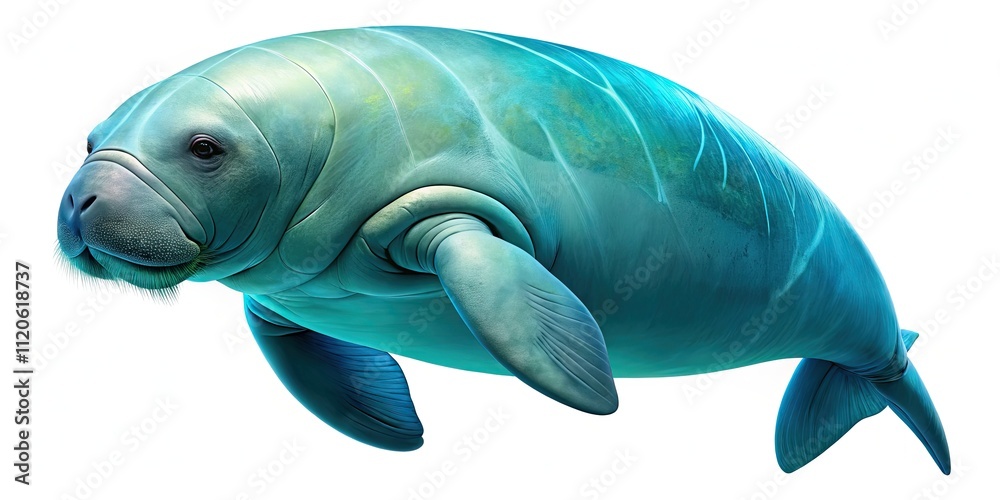 Naklejka premium Dugongs Beside View Isolated on White Background - Conceptual Photography of Marine Life, Aquatic Animals, Wildlife, Conservation, and Ocean Ecosystem