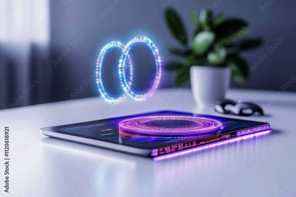 Fototapeta premium A colorful 3D-rendered designer workspace with floating holographic tools and vibrant, interactive elements